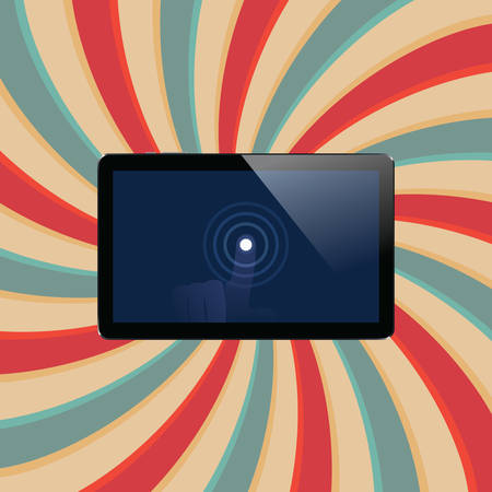 Digital tablet with shiny sensor screen with touch hand on abstract swirl colorful lines retro background. Electronic smart device. Mobile gadget. Vector illustrationのイラスト素材