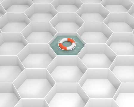 White hexagon cells with Life Saver buoy at the pool water. Life ring floating at the sea water....