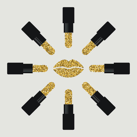 A glamour brilliant gold glitter lipstick and lips. Whacko style. Elegant decoration of gold round sequins. A small scattering of gold circles in the shapesのイラスト素材