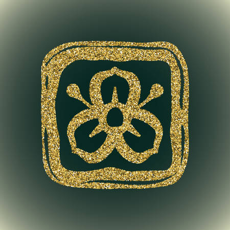 A glamour brilliant gold glitter vector symbol of flower silhouette. Elegant decorative modern floral icon in square frame of gold round sequins. A small scattering of gold circlesのイラスト素材