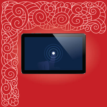 Digital tablet with shiny sensor screen with touch hand on red vintage hand drawn corner background. Electronic smart device. Mobile gadget. Vector illustrationのイラスト素材