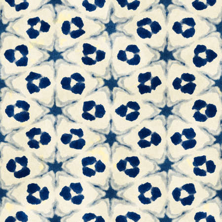 Native batik watercolor artistic blue and white pattern. Ethnic boho style. Seamless hand drawn tribal square texture.の写真素材