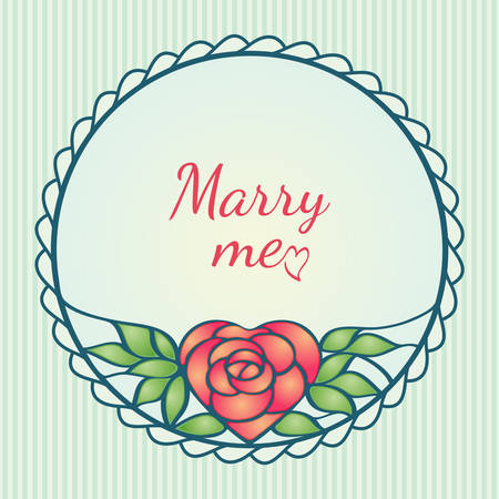 Vector vintage round frame with stainless heart shaped shiny rose flower into leaves. Romantic design invitation for wedding, birthday and valentine dayのイラスト素材