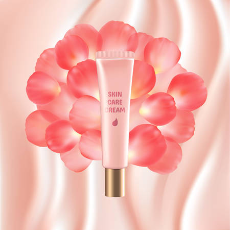 Vector illustration of a blank pink tube of expensive cosmetic skin care cream on folded pink silk background with red rose petals. Template for expensive cosmetics. Mockup. EPS 10のイラスト素材