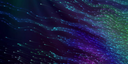 Wide-format header with flying swarm of fireflies in the night and glowing tracks. Dark background...