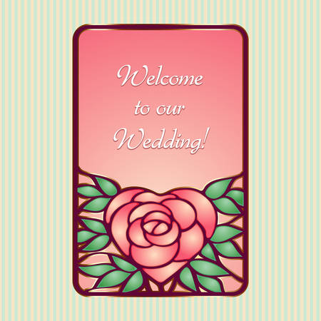 Vector vintage postcard with stainless heart shaped shiny rose flower into leaves. Romantic design invitation for wedding, birthday and valentine dayのイラスト素材