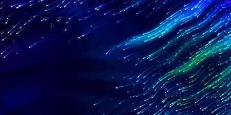 Wide-format header with flying swarm of fireflies in the night and glowing tracks. Dark background with shining star tracksの写真素材