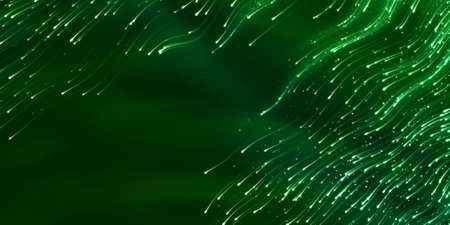 Wide-format header with flying swarm of fireflies in the night and glowing tracks. Dark background with shining star tracksの写真素材