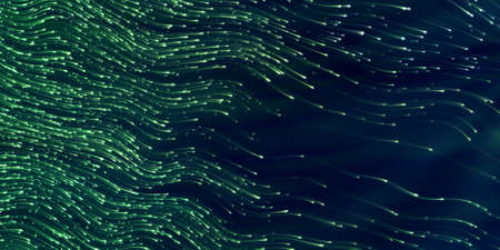 Wide-format header with flying swarm of fireflies in the night and glowing tracks. Dark background with shining star tracksの写真素材