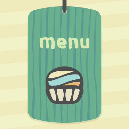 Vector outline cupcake with cream food icon on label with hand drawn striped background. Elements for mobile concepts and web apps.のイラスト素材