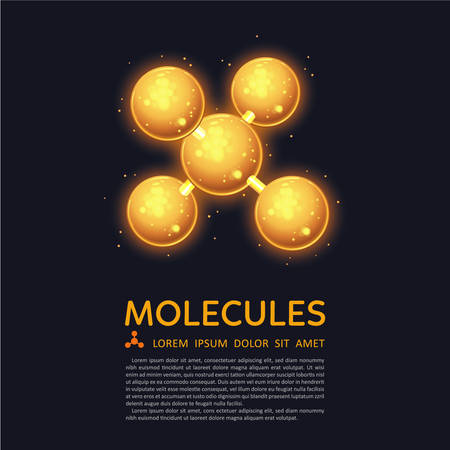 Abstract gold molecules design. Atoms. Medical background for banner or flyer. Molecular structure with glowing yellow spherical particles.のイラスト素材