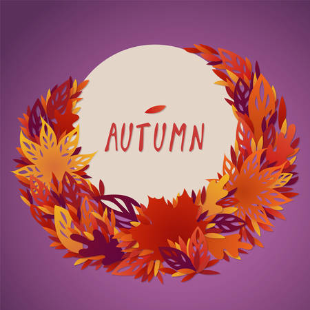 A bundle of bright red, yellow and orange autumn leaves. A frame of autumn leaves around a circle element with a festive text. Autumn design with filigree carved leavesのイラスト素材