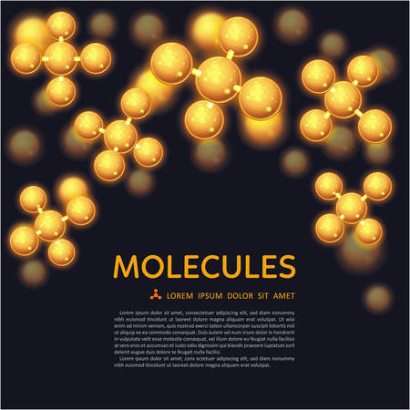 Abstract gold molecules design. EPS 10 vector illustration. Atoms. Medical background for banner or flyer. Molecular structure with glowing yellow spherical particles.のイラスト素材