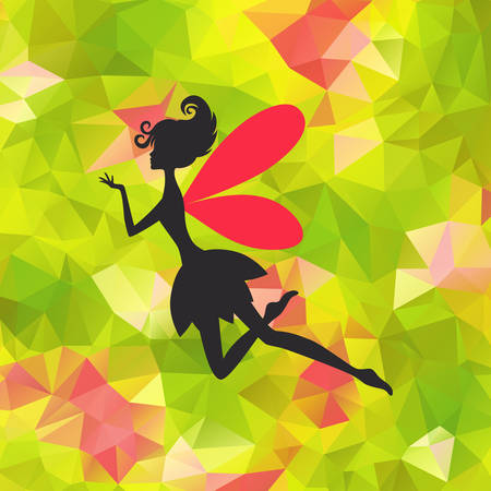 Silhouette of little fairy with wings on a nateure abstract triangle background. Vector pixie girl fantasy character. Cartoon fairytale creature on a green backgroundのイラスト素材