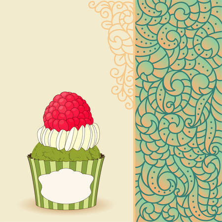 Sweet cupcake with raspberry on card with doodle boho pattern. Ideal for posters, advertisements, announcements, labels, banner, menu for cafe and restaurants. Vector illustrationのイラスト素材