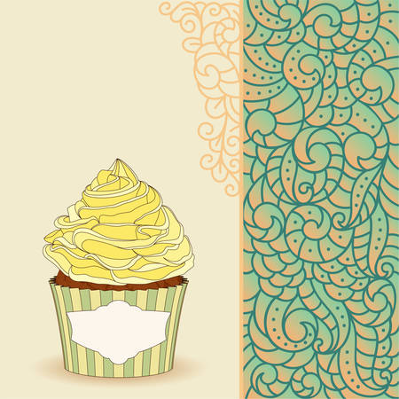 Sweet cupcake with yellow cream rose on card with doodle boho pattern. Ideal for posters, advertisements, announcements, labels, banner, menu for cafe and restaurants. Vector illustrationのイラスト素材