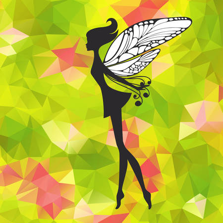 Silhouette of little fairy with wings on a nateure abstract . pixie girl fantasy character. Cartoon fairytale creature on a greenのイラスト素材