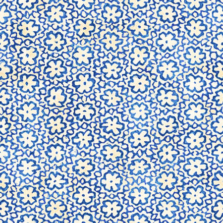 Native batik watercolor artistic blue and white pattern. Ethnic boho style. Seamless hand drawn tribal square textureの写真素材