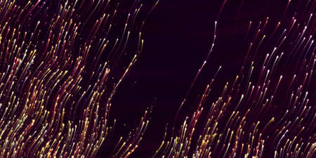 Wide-format header with flying swarm of fireflies in the night and glowing tracks. Dark background with shining star tracksの写真素材