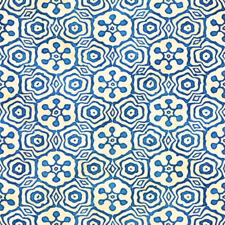 Native batik watercolor artistic blue and white pattern with flowers or snowflakes. Ethnic boho style. Seamless hand drawn tribal square textureの写真素材