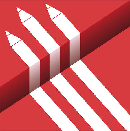 Three white pencil silhouettes on a red background with a step.のイラスト素材