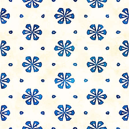 Native batik watercolor artistic blue and white pattern with flowers or snowflakes. Ethnic boho style. Seamless hand drawn tribal square textureの写真素材