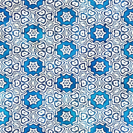 Native batik watercolor artistic blue and white pattern with flowers or snowflakes. Ethnic boho style. Seamless hand drawn tribal square textureの写真素材