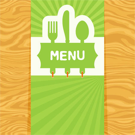 Page with fork, spoon and knife with tag for text on seamless wood pattern. Cutlery for the menu of restaurant or cafe. Illustration for menu with banner, knife, fork and spoon in modern flat designのイラスト素材