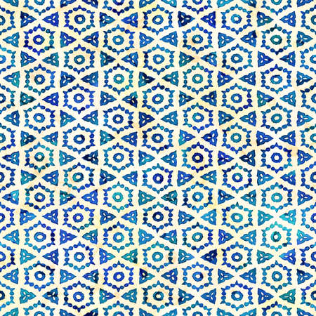 Native batik watercolor artistic blue and white pattern with flowers or snowflakes. Ethnic boho style. Seamless hand drawn tribal square textureの写真素材