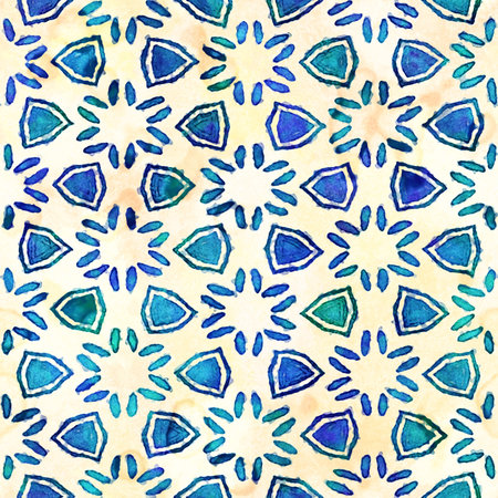 Native batik watercolor artistic blue and white pattern with flowers or snowflakes. Ethnic boho...