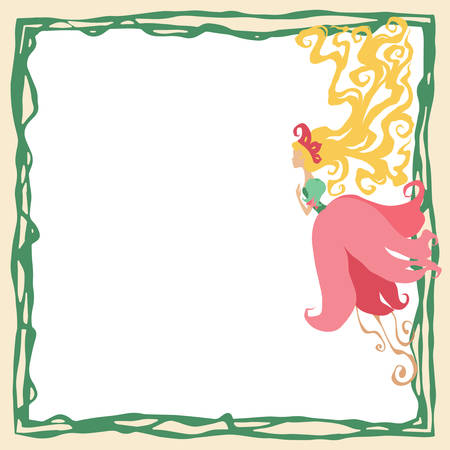 Little blossom fairy with long hairs and flower dress. Creative card with fantasy girl. Vector pixie or flower elf fantasy character. Cartoon fairy tale girl in frame.のイラスト素材