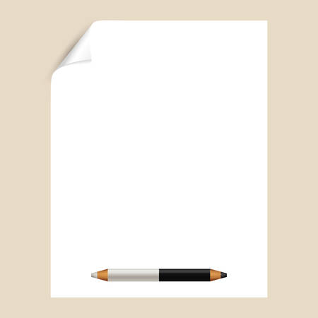 Graphite pencil on a white sheet of writing paper with a curved corner. An empty paper page for drawing or writing with a pencil. Mockup with stationeryのイラスト素材