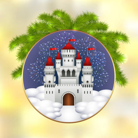 Christmas card with white castle, fireworks and branches of a Christmas tree. Christmas illustration with celebratory elements. White medieval castle with a red roof and red flags on the spiersのイラスト素材