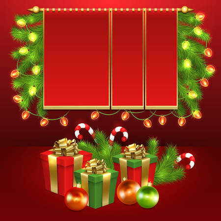 Christmas card design with gift boxes, christmas ornaments and space for text.のイラスト素材