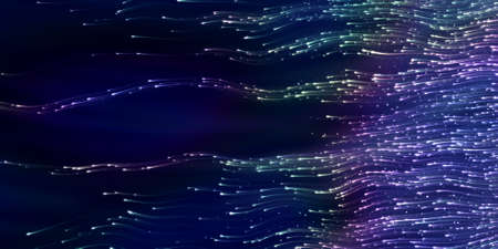 Wide-format header with flying swarm of fireflies in the night and glowing tracks. Dark background with shining star tracksの写真素材