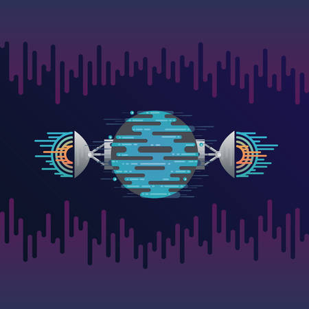 Vector illustration of sci-fi planet in space and radar dish station with sound or radio wave. Abstract digital blue planet icon with antena in flat style on background with sound wave equalizer.のイラスト素材