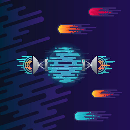 Vector illustration of sci-fi planet with radar dish station with sound or radio wave and comet or meteor in space. Abstract digital space object icons in flat style.のイラスト素材