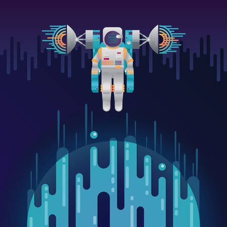 Vector illustration of sci-fi planet in space and astronaut with radar dish station with sound or radio wave. Abstract digital space object icons in flat style.のイラスト素材