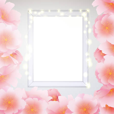 Tender and gentle vector illustration with light window frame for greeting text, flashing garland with glow lights and large pink sakura flowersのイラスト素材