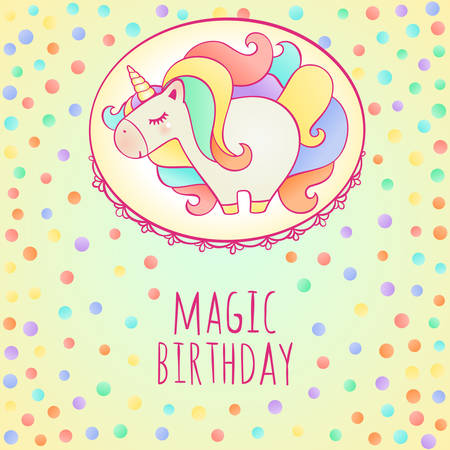 Cute cartoon unicorn with colorful hair. Vector illustration of magic creature. Unicorn character in flat designのイラスト素材