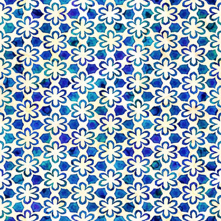 Native batik watercolor artistic blue and white pattern with flowers or snowflakes. Ethnic boho style. Seamless hand drawn tribal square textureの写真素材