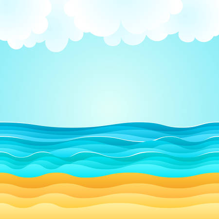 Summer cartoon of beach scene with sand beach, sea waves and fluffy clouds. Holiday vector illustration. Design for summer tourismのイラスト素材
