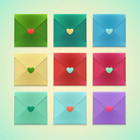 Colorful Set of Realistic Craft Envelopes with heart shaped stickers isolated on a background. Template for romantic love letterのイラスト素材