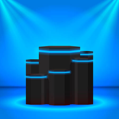 Stage hexagonal digital black podium with neon ring and lighting. Stage Podium Scene with for Award Ceremony on blue Background. Vector illustrationのイラスト素材