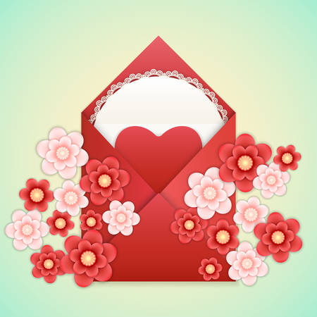 Realistic Craft red Envelope with red paper Heart, white napkin with lace frame and paper craft red and pink flowers isolated on a background. Template for romantic love letterのイラスト素材