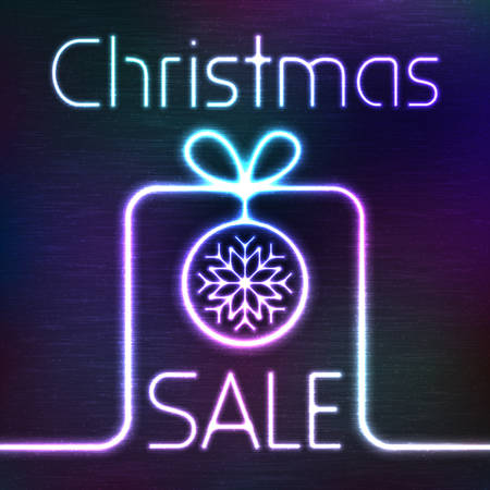Vector Glowing Icon of Gift Box and Christmas Sale Words. Neon Sale Tag Shining on Dark Colorful Grunge Backgroundのイラスト素材