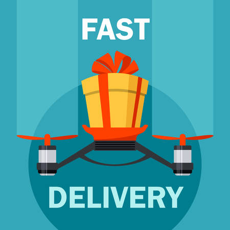 Drone with gift box with bow. Drone delivery present. Modern delivery of gifts for Christmas or New Year. Concept of Fast Express Delivery for Eventのイラスト素材