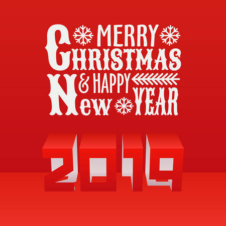 New Year 2019 and Christmas Text Design. Paper Cut Pop Up Postcard with Numbers and Greeting Cristmas Textのイラスト素材