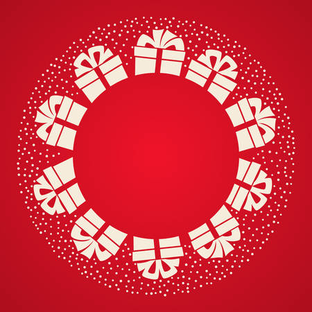 White gift boxes with ribbon bow on red background with falling snow as Happy New Year or Christmas card, invitation, poster, banner. Vector illustration of event templateのイラスト素材