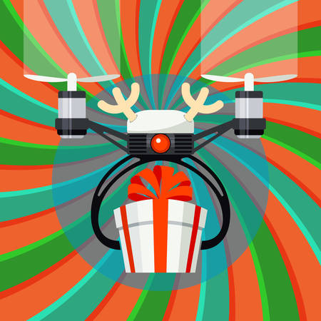 Drone with deer horns and red ball as deer nose with gift box with bow. Drone delivery present. Modern delivery of gifts for Christmas or New Year. Concept of Fast Express Delivery for Eventのイラスト素材